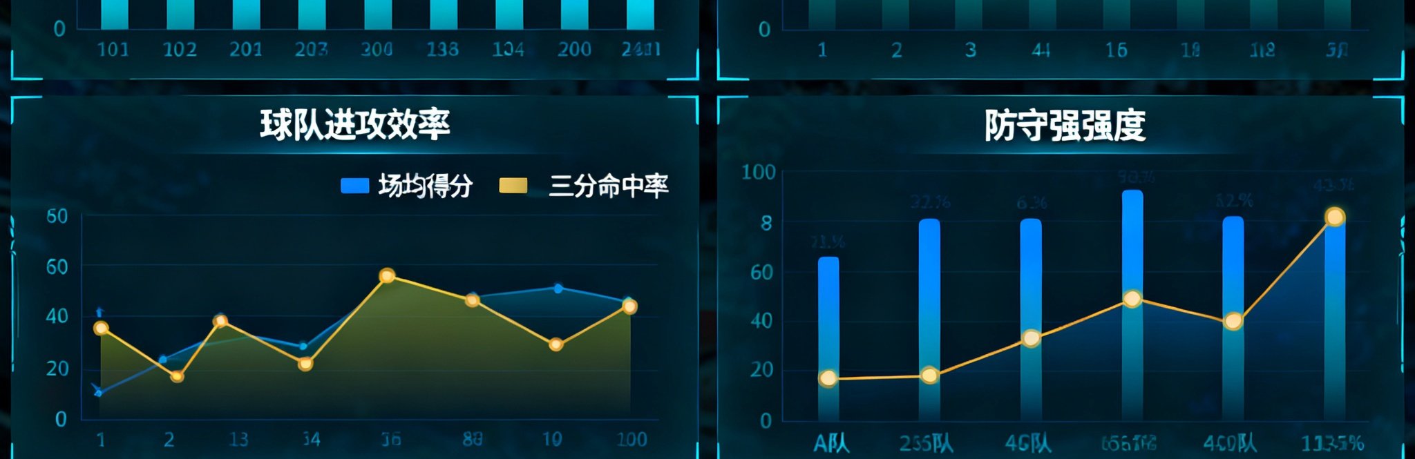 实时数据分析仪表盘界面，多层图表展示球队进攻效率与防守强度，数据可视化呈现专业赛事分析